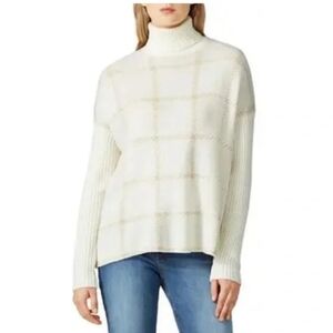 Central Park West Sweater Cream Knit Windowpane Plaid Cowl Neck Size Medium